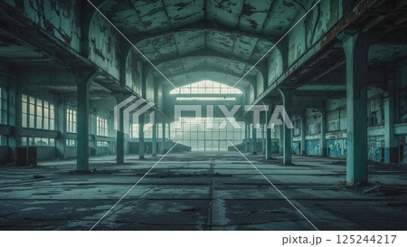 The desolate, industrial space of an abandoned factory features peeling paint, rusted beams, and large windows letting in muted light, embodying the haunting stillness of a forgotten era The desolate, industrial space of an abandoned factory features peeling paint, rusted beams, and large windows letting in muted light, embodying the haunting stillness of a forgotten era 125244217