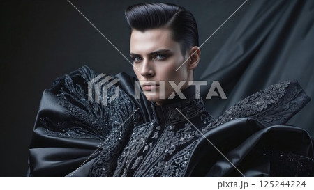 A sharply dressed man in an intricate black embroidered suit, exuding confidence and sophistication. His strong gaze and striking attire capture high fashion in a moody, dramatic setting 125244224