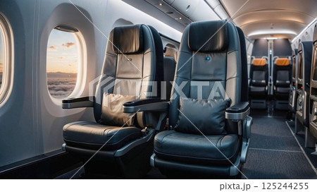 Two leather airplane seats with small pillows, placed near a window showcasing a beautiful sunset over the clouds, reflecting a sense of calm and comfort during a flight 125244255