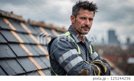 A strong, confident roofer stands atop a house under overcast skies, his work gear ready. With a determined look, he overlooks the urban skyline, embodying craftsmanship and hard work 125244256