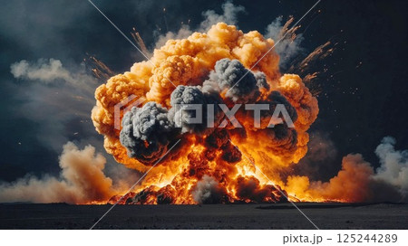 An intense explosion with fiery flames and thick clouds of smoke, creating a dramatic and powerful scene. The fiery blast lights up the dark sky with orange and black hues 125244289