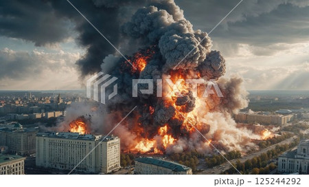 A dramatic and intense scene of a massive explosion in an urban environment. Thick smoke and fire erupt from buildings, creating a sense of chaos and destruction against a backdrop of a city skyline 125244292