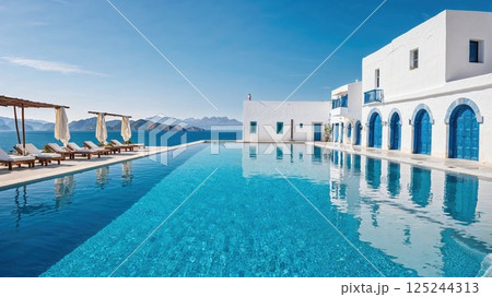 A stunning luxury resort pool overlooking the crystal-clear ocean, with whitewashed architecture, lounge chairs, and palm trees, offering a serene and picturesque vacation destination 125244313