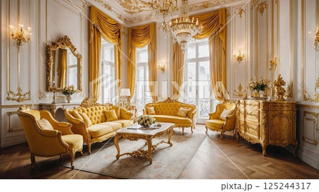 luxurious yellow-themed living room with ornate golden furniture, a chandelier, and elegant decor, creating a grand, opulent atmosphere 125244317