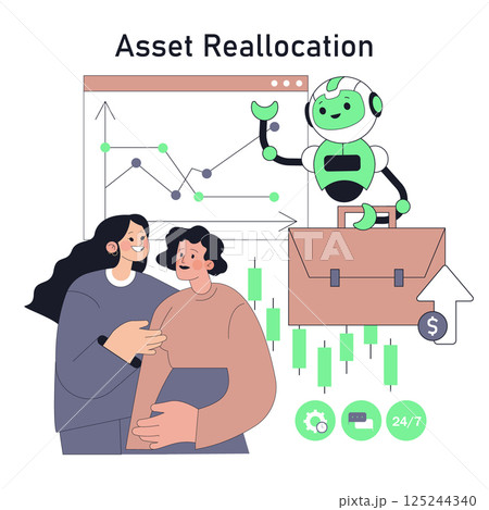 Robot adviser assisting clients with asset reallocation through digital analytics and market trends. Showcases the benefits of automated financial guidance for better investment decisions. Vector 125244340