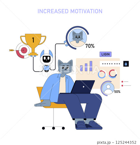 AI in the workplace enhances productivity and motivation. This vector illustration showcases a cat worker engaging with data metrics and technology, reflecting modern work dynamics. AI in the workplace enhances productivity and motivation. This vector illustration showcases a cat worker engaging with data metrics and technology, reflecting modern work dynamics. 125244352