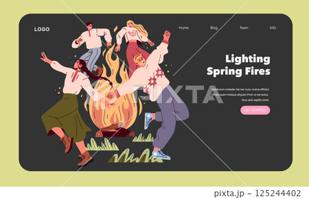 Spring Equinox celebration with friends gathered around a bonfire. The playful atmosphere captures joy and community spirit during this seasonal transition. Explore traditions and festivities. Vector 125244402