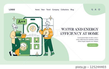 Sustainability at home highlights the importance of energy and water efficiency. The illustration showcases individuals using smart devices for improving household practices and promoting eco-friendly 125244403