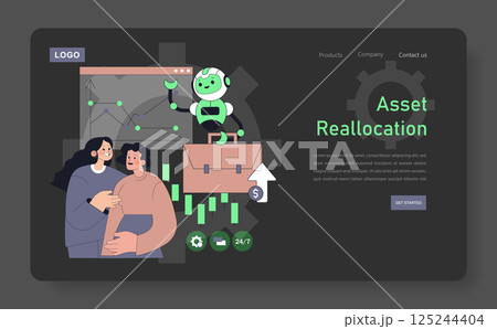 Robot adviser facilitating asset reallocation with a couple seeking financial guidance. The illustration depicts a supportive environment with digital tools, highlighting modern investment strategies 125244404
