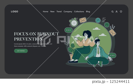 National Mental Health Awareness focuses on burnout prevention and promoting well-being. The illustration portrays individuals engaged in self-care practices, conveying a message of support and 125244411