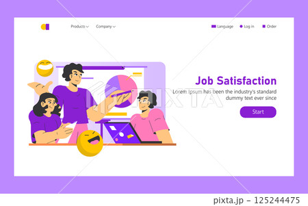 Illustration of a collaborative workspace focused on job satisfaction. Characters engage in a discussion while analyzing data on a screen. Emphasis on teamwork, positive emotions, and productivity 125244475