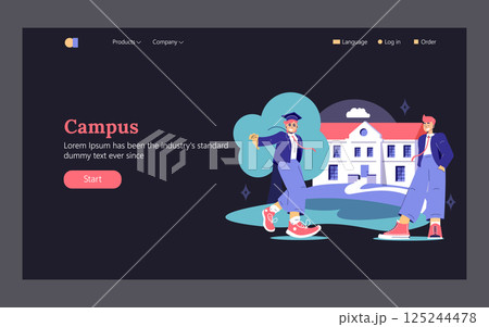 Campus life celebration featuring graduates with a joyful atmosphere in front of a university building. Emphasizes student success and the start of new journeys. Vector illustration. Campus life celebration featuring graduates with a joyful atmosphere in front of a university building. Emphasizes student success and the start of new journeys. Vector illustration. 125244478