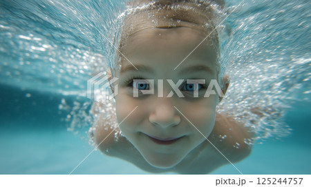 Boy practicing swimming strokes underwater while smiling and enjoying the moment in a bright blue pool during afternoon 125244757