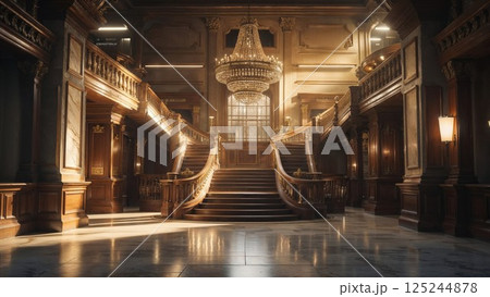 A grand staircase in an opulent building with marble floors, ornate railings, and a massive chandelier overhead. The warm light illuminates the space, creating an elegant and luxurious atmosphere A grand staircase in an opulent building with marble floors, ornate railings, and a massive chandelier overhead. The warm light illuminates the space, creating an elegant and luxurious atmosphere 125244878