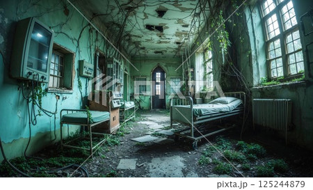 A desolate hospital room overtaken by nature, with vines creeping through the windows and covering abandoned medical equipment. A poignant reminder of decay and forgotten care 125244879