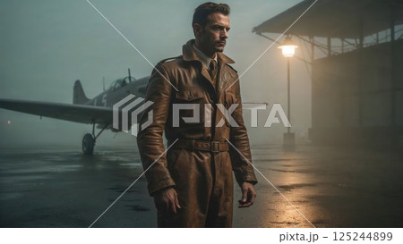 A WWII-era pilot in a brown leather jacket stands confidently near a vintage aircraft in a foggy airfield, evoking a sense of heroism, nostalgia, and determination 125244899