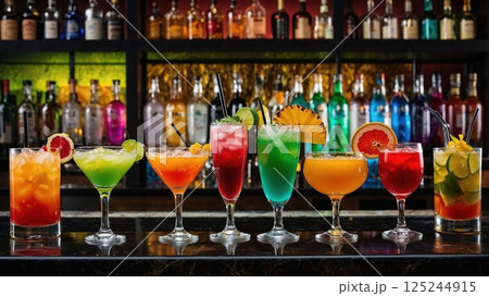 A vibrant collection of colorful cocktails placed on a bar counter, each adorned with fresh garnishes like fruit slices and herbs. The illuminated bottles in the background enhance the lively, festive 125244915