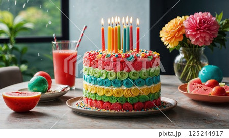 A vibrant birthday cake adorned with colorful frosting, bright candles, and scattered candy. Paired with refreshing drinks and fruit, this fun scene is perfect for a joyful celebration 125244917