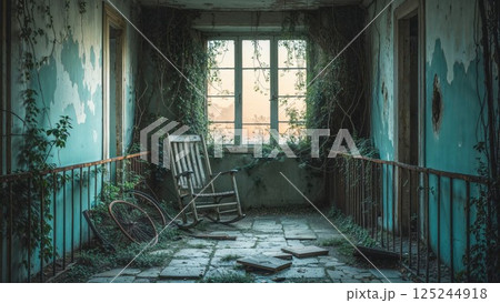 An eerie, abandoned hallway with peeling walls and overgrown ivy creeping inside. A forgotten rocking chair sits amidst broken tiles, highlighting nature's reclaim of a once-living space 125244918