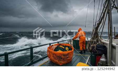 fisherman braving rough seas on a fishing boat, with heavy waves crashing against the sides and dark storm clouds looming overhead. A dramatic scene capturing the harsh conditions of the ocean 125244942