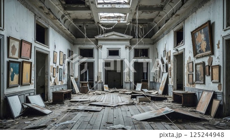 A dilapidated hallway in an abandoned building, with shattered frames, peeling walls, and debris scattered across the floor. A haunting scene of neglect and decay in a once elegant space 125244948