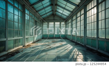 A forgotten, abandoned greenhouse with cracked windows and dust-covered floors, letting in soft light that highlights the eerie, silent atmosphere of decay and neglect 125244954
