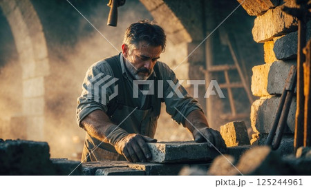 A skilled stonemason working hard, carefully laying stones in an ancient stone building. The warm, golden light highlights the craftsmanship and dedication to the craft 125244961