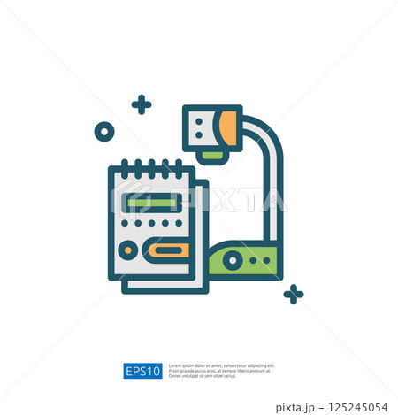 A graphic illustration of a document camera setup, featuring a notebook and a camera, used for educational purposes. 125245054