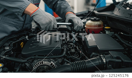 ソケットレンチで車のメンテナンスをする整備士の手元 125245176