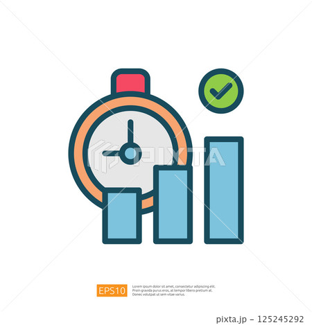 a stopwatch and bar graphs, symbolizing time management and performance metrics. It represents efficiency and productivity in various contexts. Flat line style icon 125245292