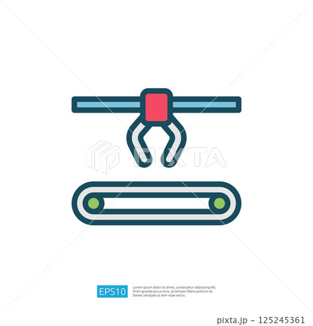 The image depicts a simplistic design of a conveyor belt with a robotic claw, representing automation in industrial processes. 125245361