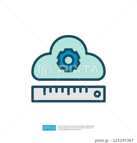 The image features a cloud symbol with a gear icon inside, accompanied by a ruler, representing cloud computing and measurement in technology. 125245367