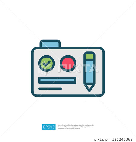 This image depicts a simple illustration of an identification card featuring a checkmark, a red circle, and a pencil, suggesting a focus on verification and documentation. 125245368