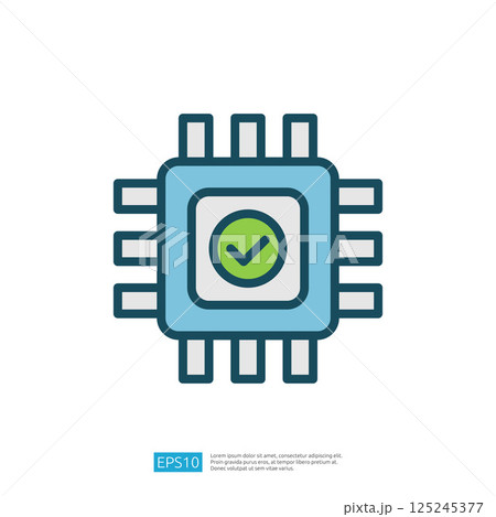 This image depicts a stylized microchip with a green check mark, symbolizing approval or functionality in technology. This image depicts a stylized microchip with a green check mark, symbolizing approval or functionality in technology. 125245377