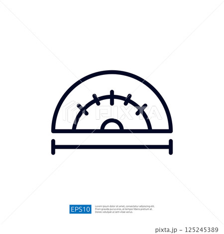 A simple line drawing of a protractor, used for measuring angles in geometry. 125245389
