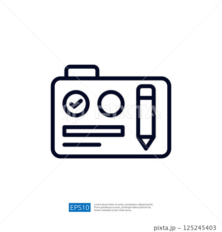 This image features a simple line drawing of an identification card with a checkmark, a circle, and a pencil, suggesting verification or documentation. 125245403