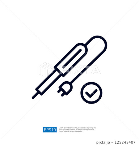 The image depicts a simple line drawing of a thermometer and a power cord with a checkmark, symbolizing functionality or approval. The image depicts a simple line drawing of a thermometer and a power cord with a checkmark, symbolizing functionality or approval. 125245407