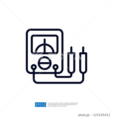 A simple line drawing of a multimeter, an electronic measuring instrument used to measure voltage, current, and resistance in circuits. 125245411
