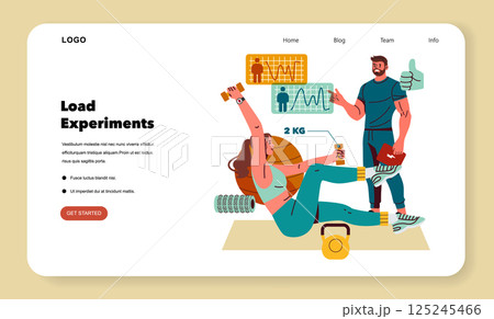 Personal trainer concept. Fitness session in gym demonstrates individual exercise routines and trainer guidance. Workout progress tracking and goal achievement. Vector illustration. 125245466