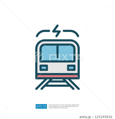 Stylized Icon of a Modern Electric Train with Tracks on an Urban Railway System and Power Symbol 125245610