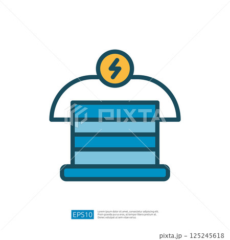 Iconic Symbol of an Electrical Generator with Lightning Bolt on Top in a Modern Flat Design with Blue and Yellow Color Scheme Iconic Symbol of an Electrical Generator with Lightning Bolt on Top in a Modern Flat Design with Blue and Yellow Color Scheme 125245618