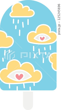 groovy ice cream, groovy boho popsicle in doodle flat color style. Whimsical ice cream with clouds and eyes, conveying emotions. 125245696