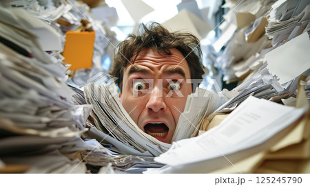 A stressed man struggles as he drowns in a massive pile of documents, overwhelmed by paperwork and deadlines. The concept of workplace stress, bureaucracy, and information overload. Generative AI. A stressed man struggles as he drowns in a massive pile of documents, overwhelmed by paperwork and deadlines. The concept of workplace stress, bureaucracy, and information overload. Generative AI. 125245790