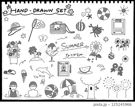 夏や海のアイテムの手描きイラストセットのイラスト素材 [125245966