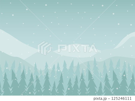 Snowy panorama minimalist wall decor. Landscape illustration of winter christmas card. Forest snowfall 125246111