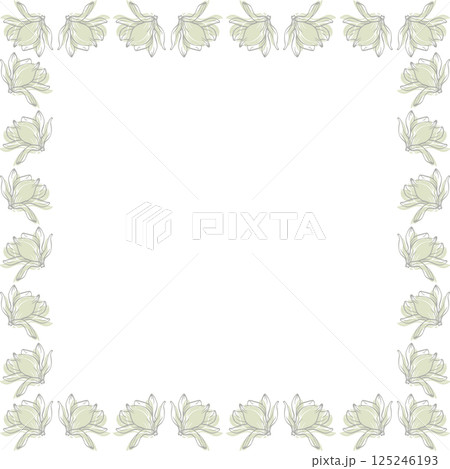 Magnolia flowers frame. Rectangle frame with linear flowers. Cute daisy empty frame box 125246193
