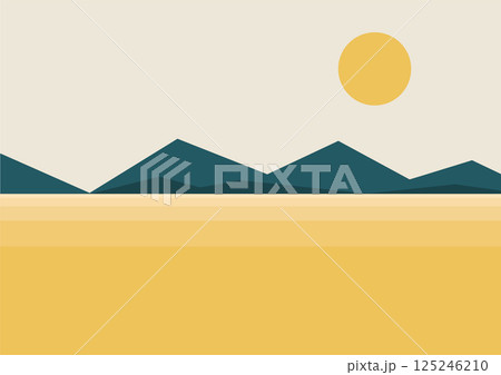 Seaside and mountains landscape illustration poster. Morning panoramic sunrise. Boho wall decor 125246210
