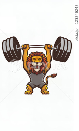 lion weightlifter is lifting a large weight over its head. Cartoon design illustration ready for print. The background is white. 125246248