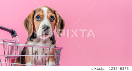 Cute little beagle in a shopping cart on a pastel pink background. Shopping, sale, advertisement, online shopping concept banner with copy space. 125246378