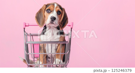 Cute little beagle in a shopping cart on a pastel pink background. Shopping, sale, advertisement, online shopping concept banner with copy space. 125246379